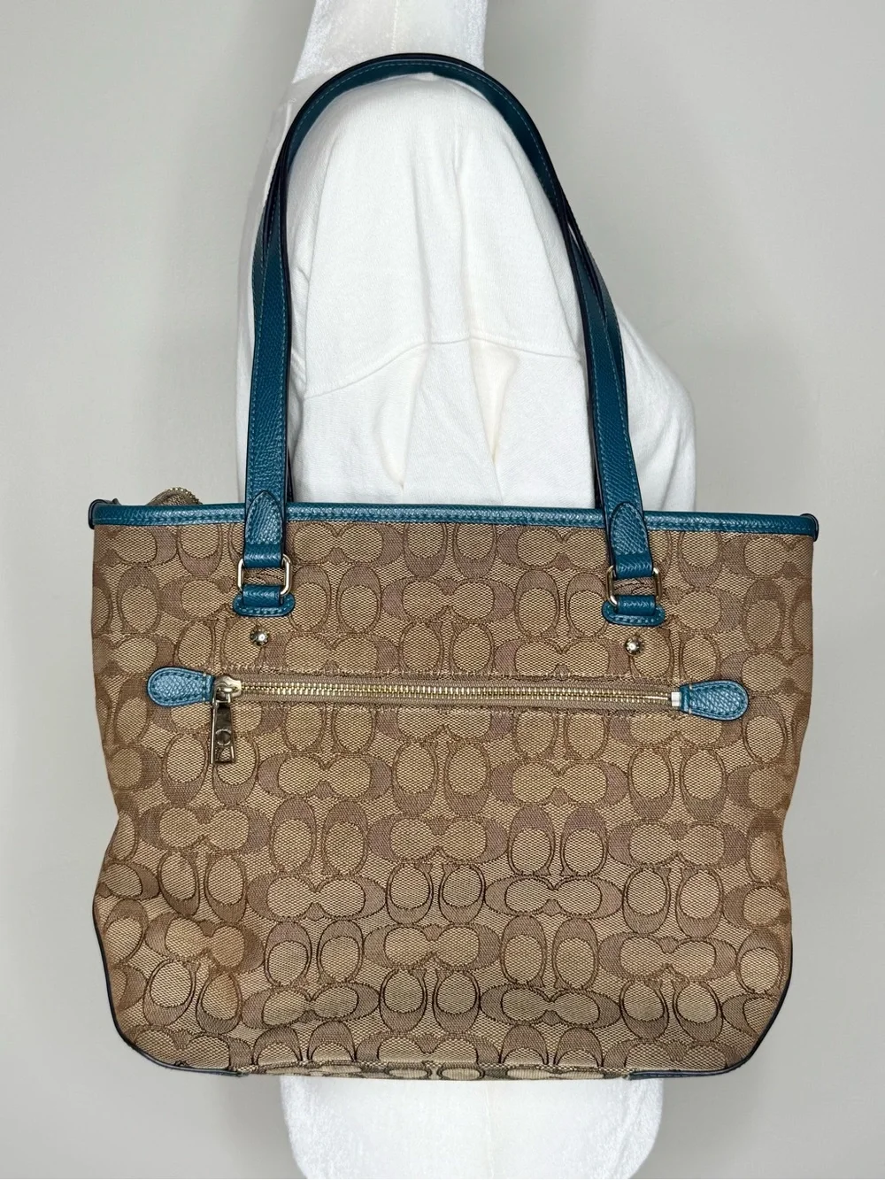 Coach Signature Canvas Tote with Teal Leather Trim